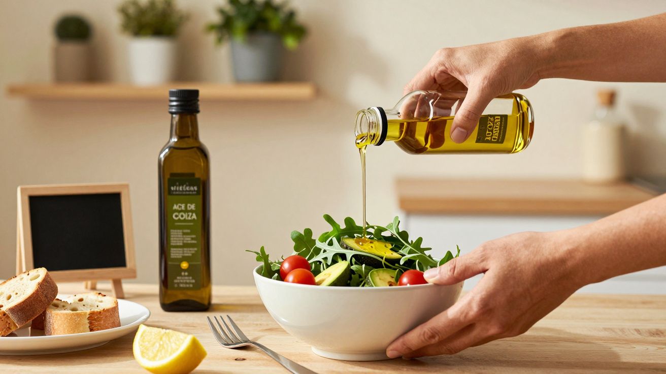 Persona vertiendo aceite sobre una ensalada en un bol blanco en una cocina. Botella de aceite y pan a un lado.