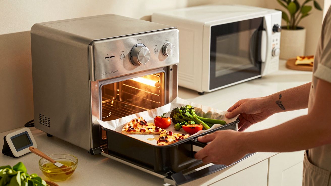Persona colocando bandeja con verduras y pizza en horno plateado sobre encimera de cocina, al lado de microondas blanco.