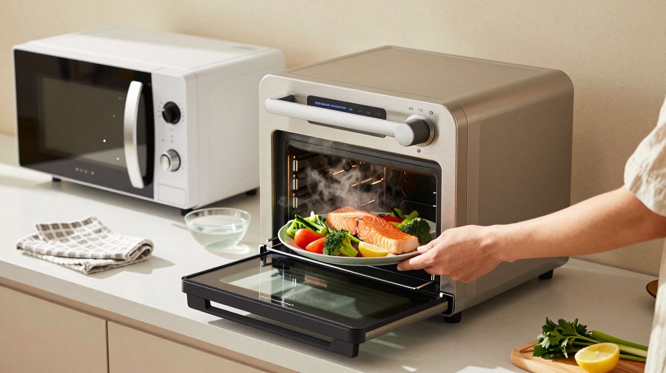 Persona colocando una bandeja con salmón y verduras al vapor en un horno sobre una encimera junto a un microondas.