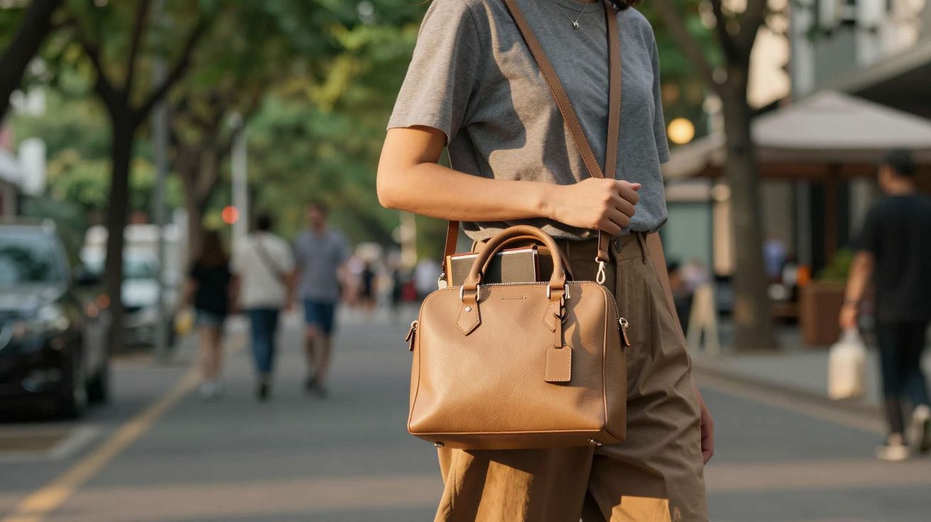 Mujer con camiseta gris y bolso marrón caminando por una calle arbolada.