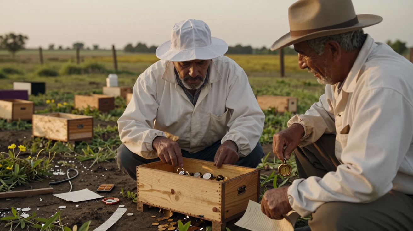 Dos hombres examinando monedas en una caja de madera en un campo con plantas y flores, al atardecer.
