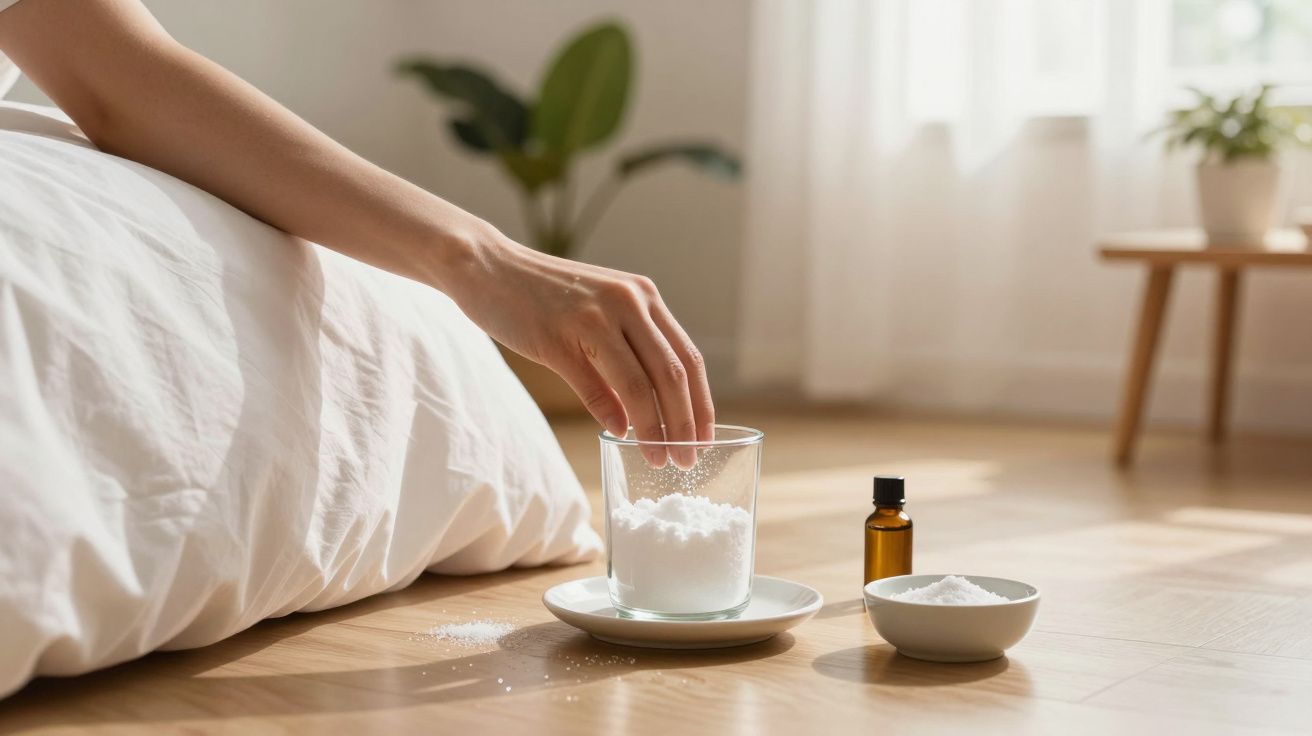 Mano colocando sal en vaso sobre un platillo, junto a una botella y tazón en suelo de madera, cerca de la cama.