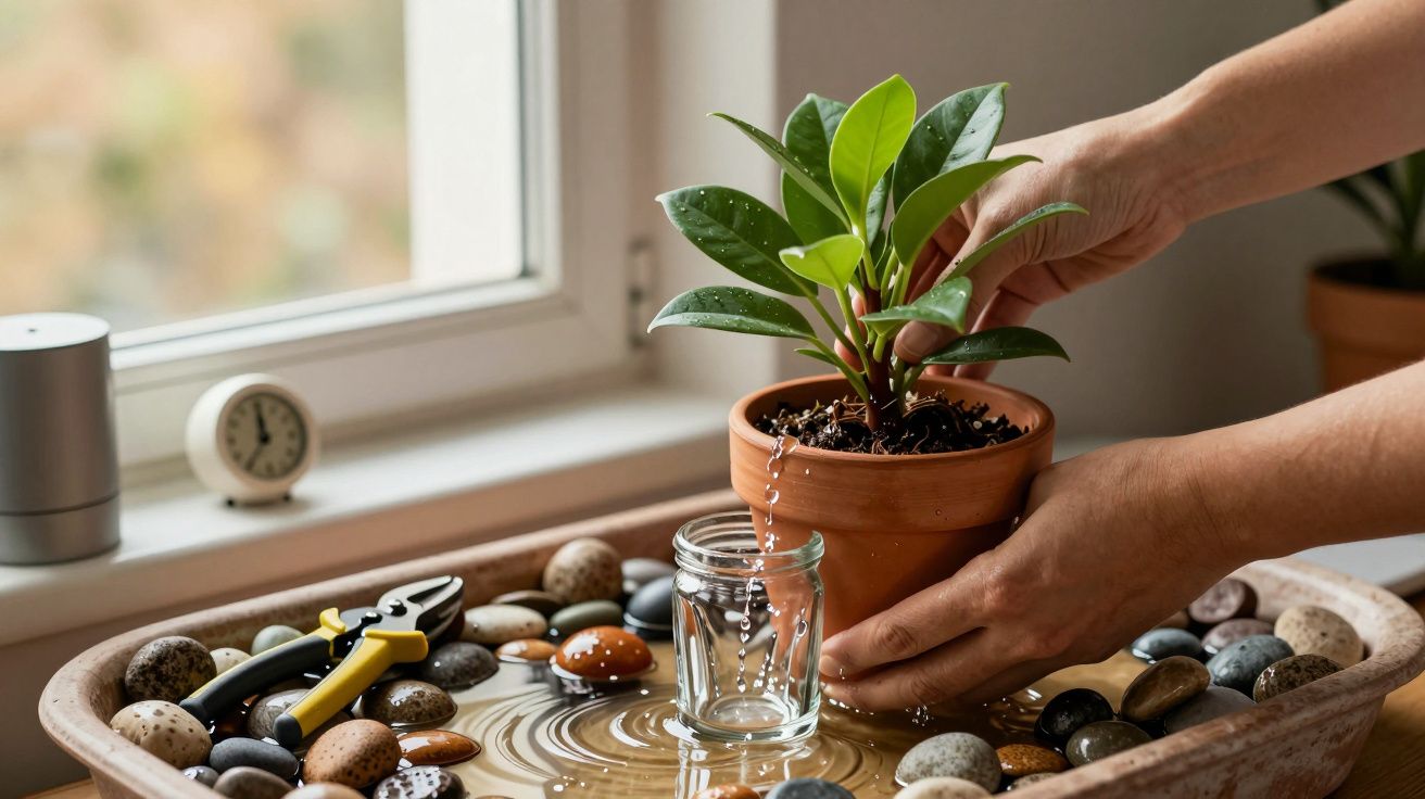 Manos regando una planta en maceta sobre piedras en una bandeja junto a una ventana.