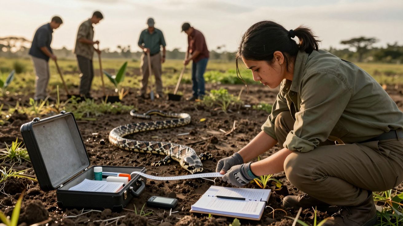 Científica mide una serpiente en un campo mientras otras personas trabajan en el fondo.