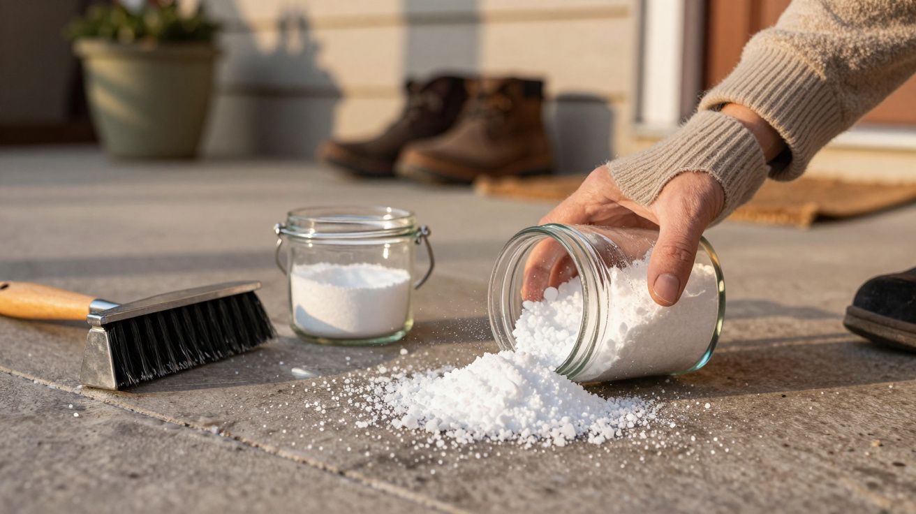Mano esparciendo sal en el suelo desde un tarro de vidrio, con un cepillo y botas al fondo.
