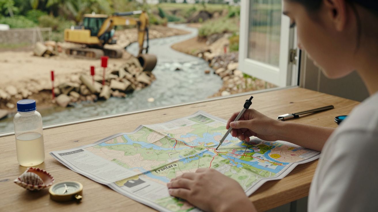 Persona marcando un mapa en la mesa junto a una ventana, vista de una obra con excavadora y un río al fondo.