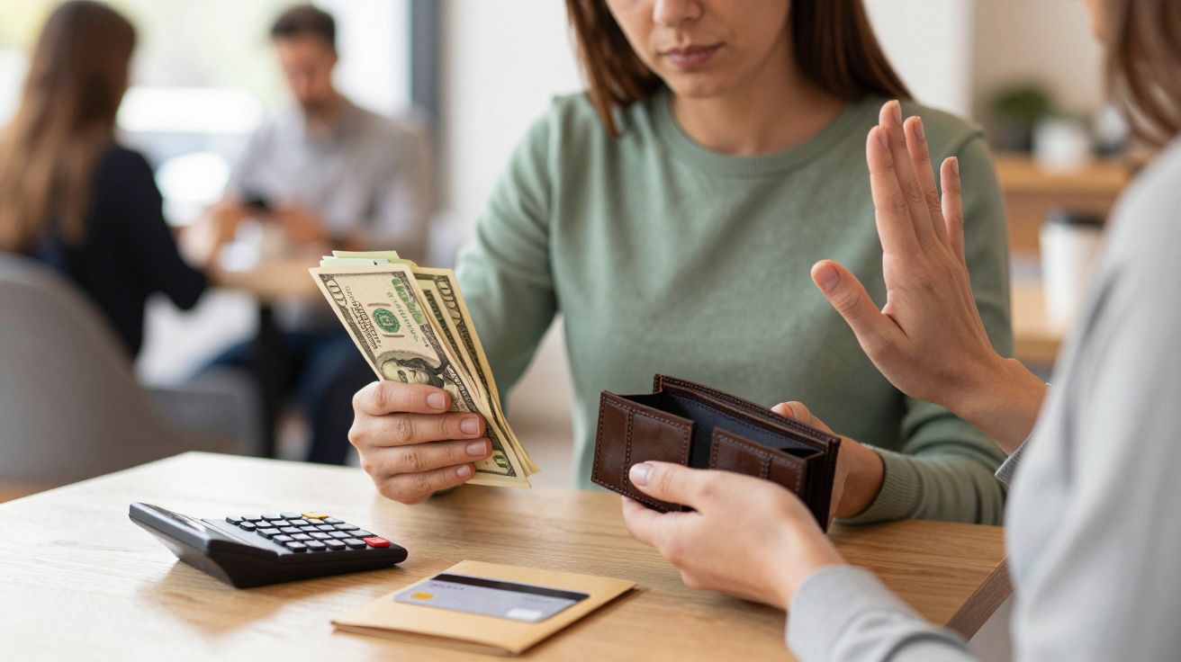 Mujer rechazando dinero en efectivo mientras otra sostiene una cartera y billetes en mano sobre una mesa.