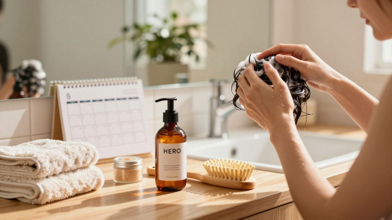 Persona lavándose el cabello en un lavabo, con toallas, jabón y un calendario sobre la encimera de madera.