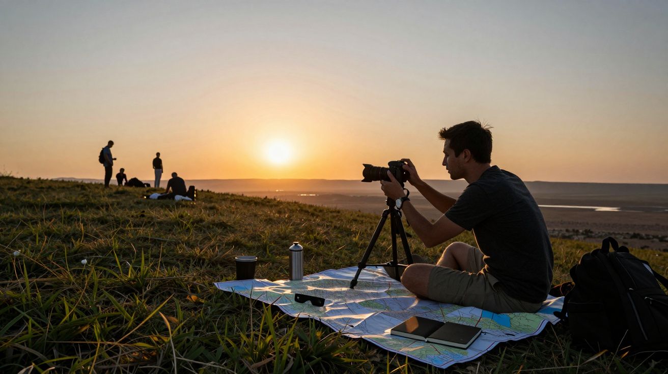 Hombre fotografiando el atardecer en la naturaleza, con mapa y trípode, mientras otras personas caminan al fondo.
