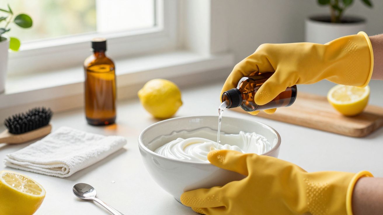 Guantes amarillos vierten líquido en un bol de espuma, rodeado de limones, botella ámbar y utensilios de cocina.