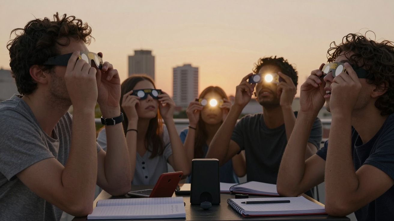 Personas en una azotea mirando al cielo con gafas especiales, al atardecer, rodeadas de cuadernos y un móvil.