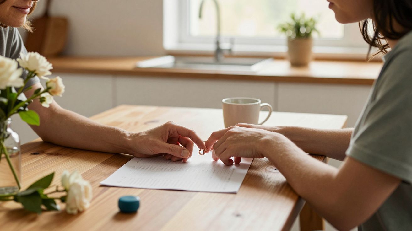 Dos personas revisando un documento en la mesa de la cocina, con una taza y flores al fondo.