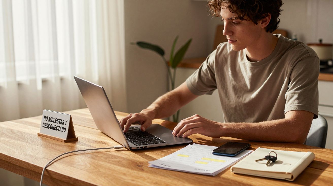Joven trabajando en un portátil con cartel "No molestar, desconectado" en una mesa de madera.