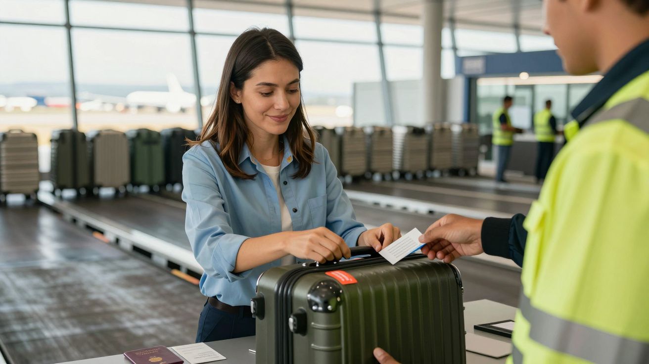 Mujer sonriendo entrega documentos en el mostrador del aeropuerto, mientras sujeta una maleta negra.