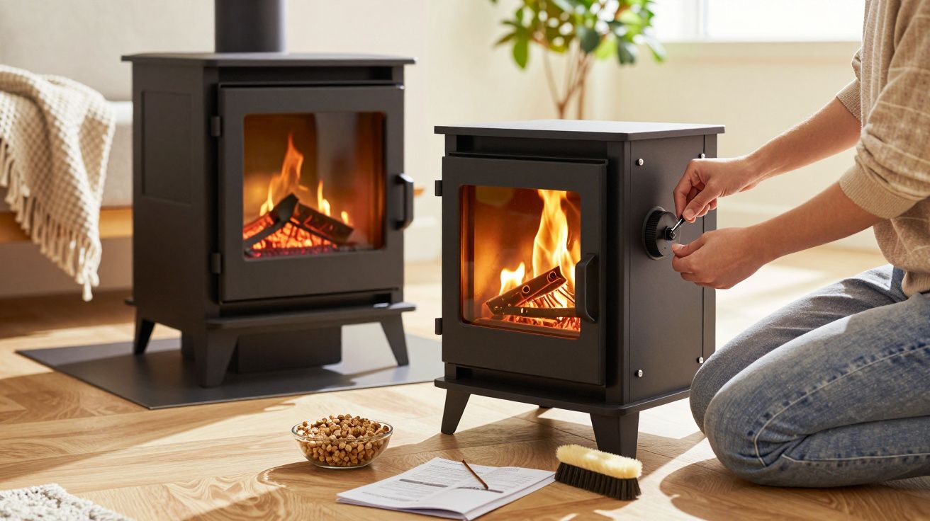 Persona ajustando una estufa de leña encendida en una sala acogedora, con otra estufa al fondo y objetos en el suelo.