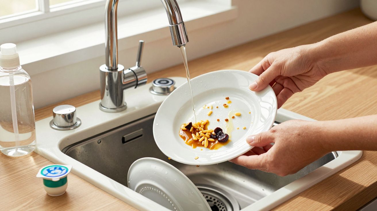 Manos lavando un plato con restos de comida bajo el grifo en un fregadero.