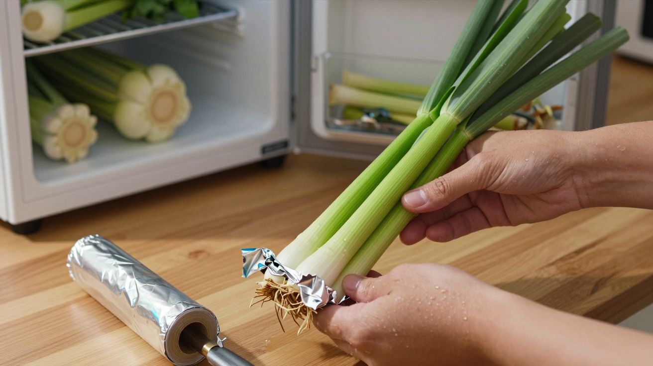 Manos envuelven puerros en papel de aluminio frente a un frigorífico pequeño sobre una encimera de madera.
