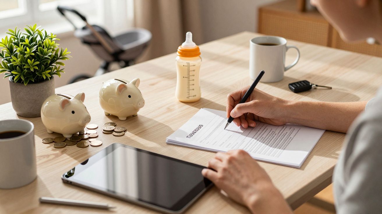 Persona escribiendo en una mesa con documentos, hucha, monedas, tablet, biberón, taza y planta en un entorno doméstico.