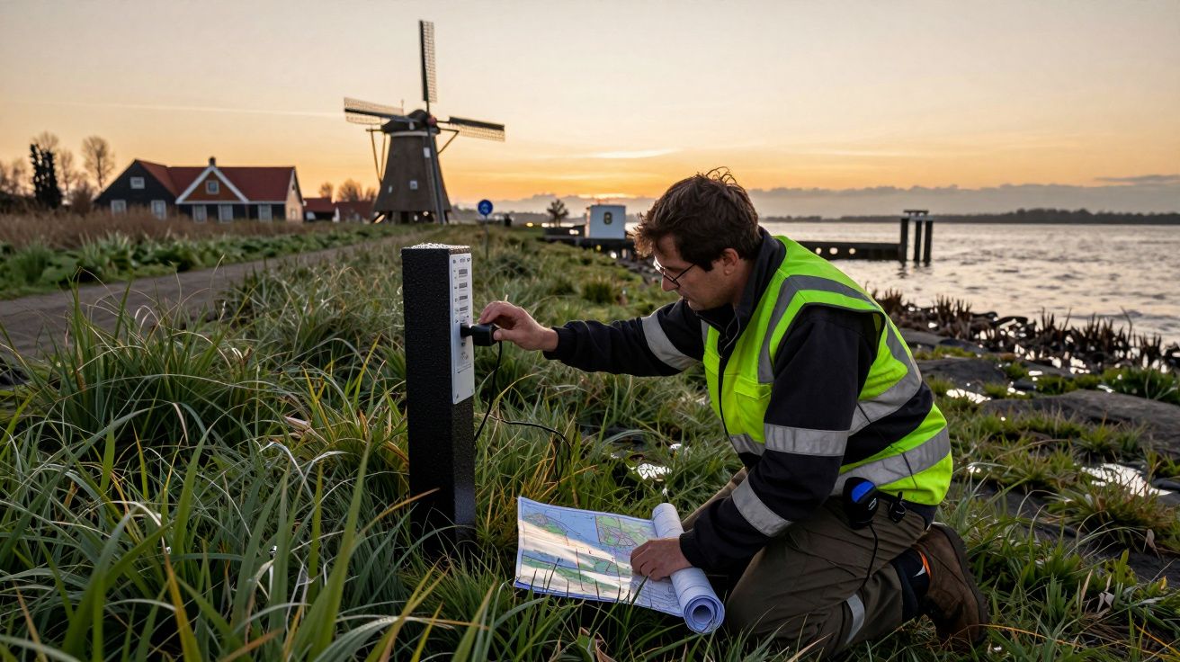 Persona con chaleco reflectante revisa un medidor cerca del agua al amanecer, con un molino y casas al fondo.