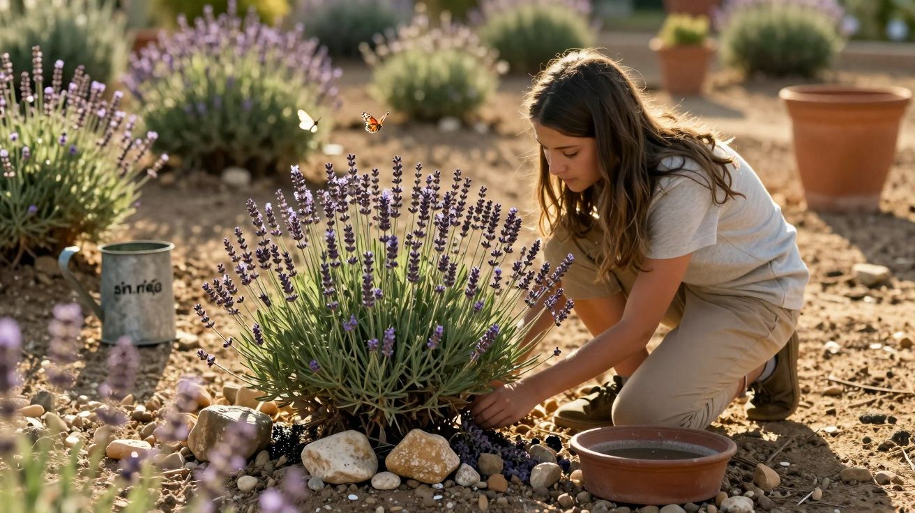 Mujer joven cuidando plantas de lavanda en un jardín soleado, rodeada de macetas y mariposas volando.