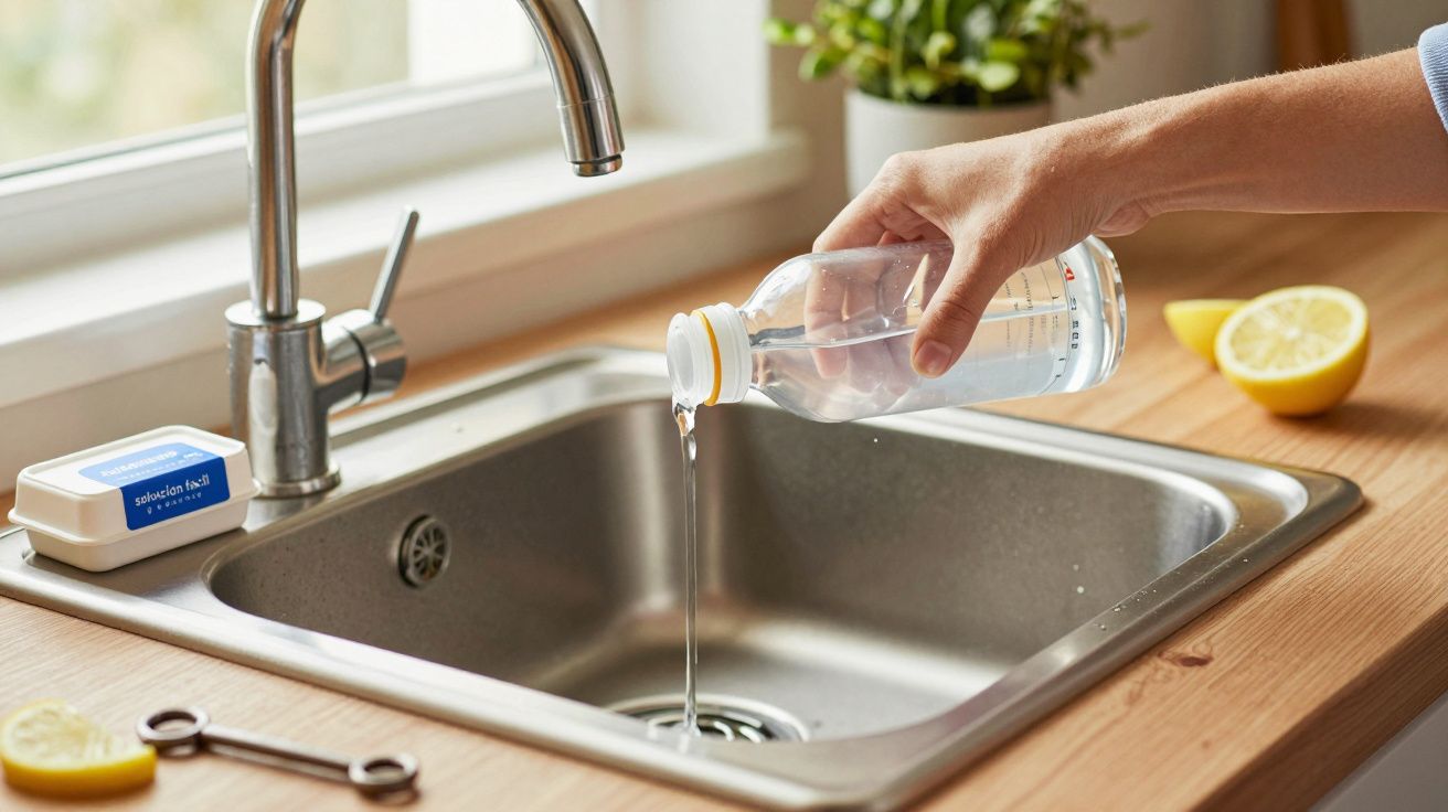 Mano vertiendo líquido de una botella en un fregadero de cocina, junto a un limón y una caja de bicarbonato de sodio.