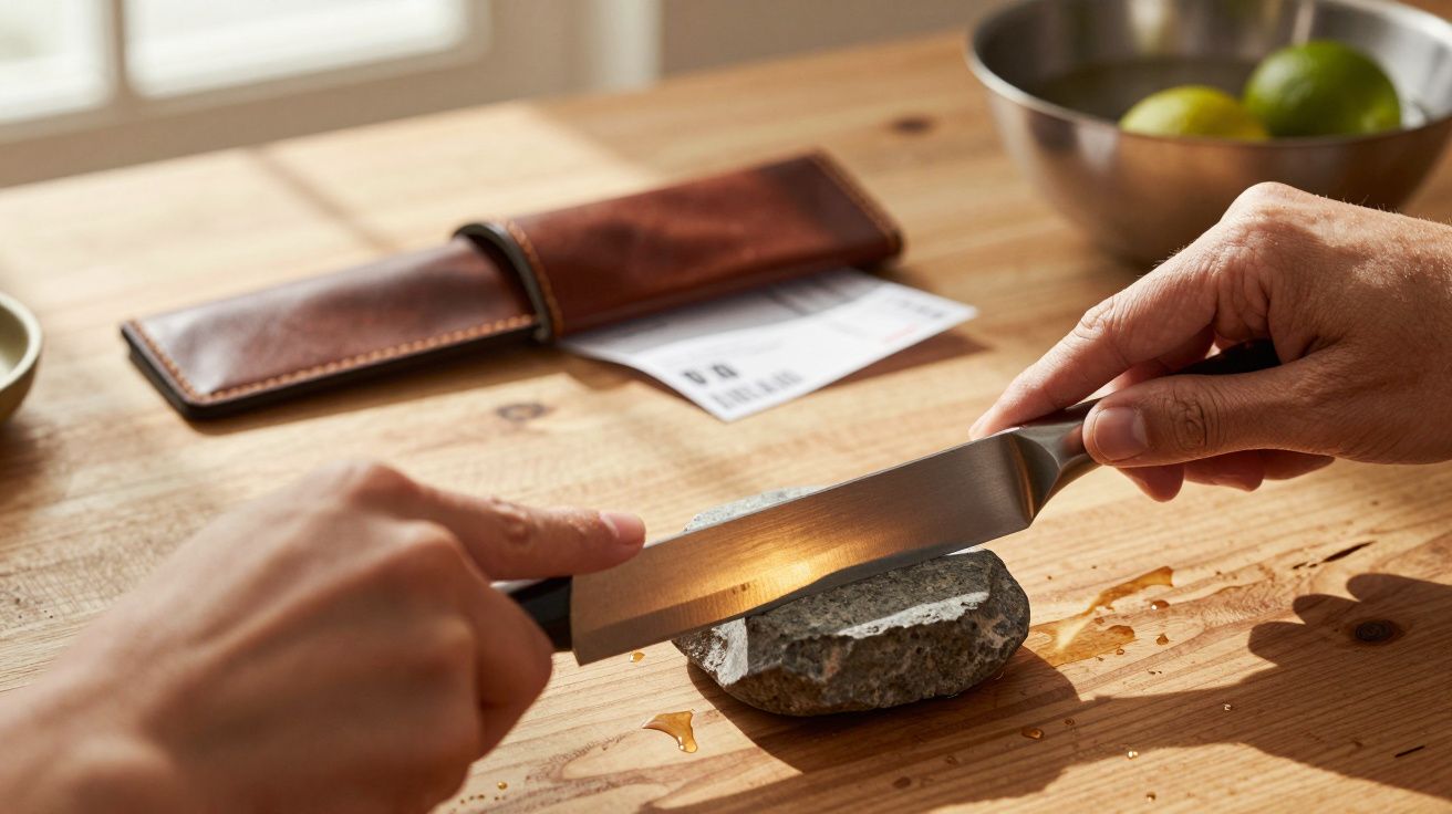 Persona afilando un cuchillo sobre una piedra en una mesa de madera, con bolsa de cuero y limones al fondo.