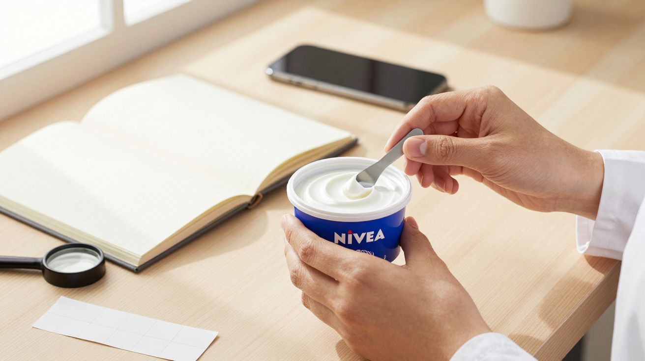 Manos sosteniendo una lata de crema Nivea en un escritorio con cuaderno, móvil y lupa.