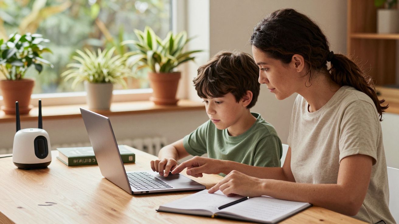 Mujer y niño usando un portátil en la mesa, rodeados de plantas, con libreta y router al lado.