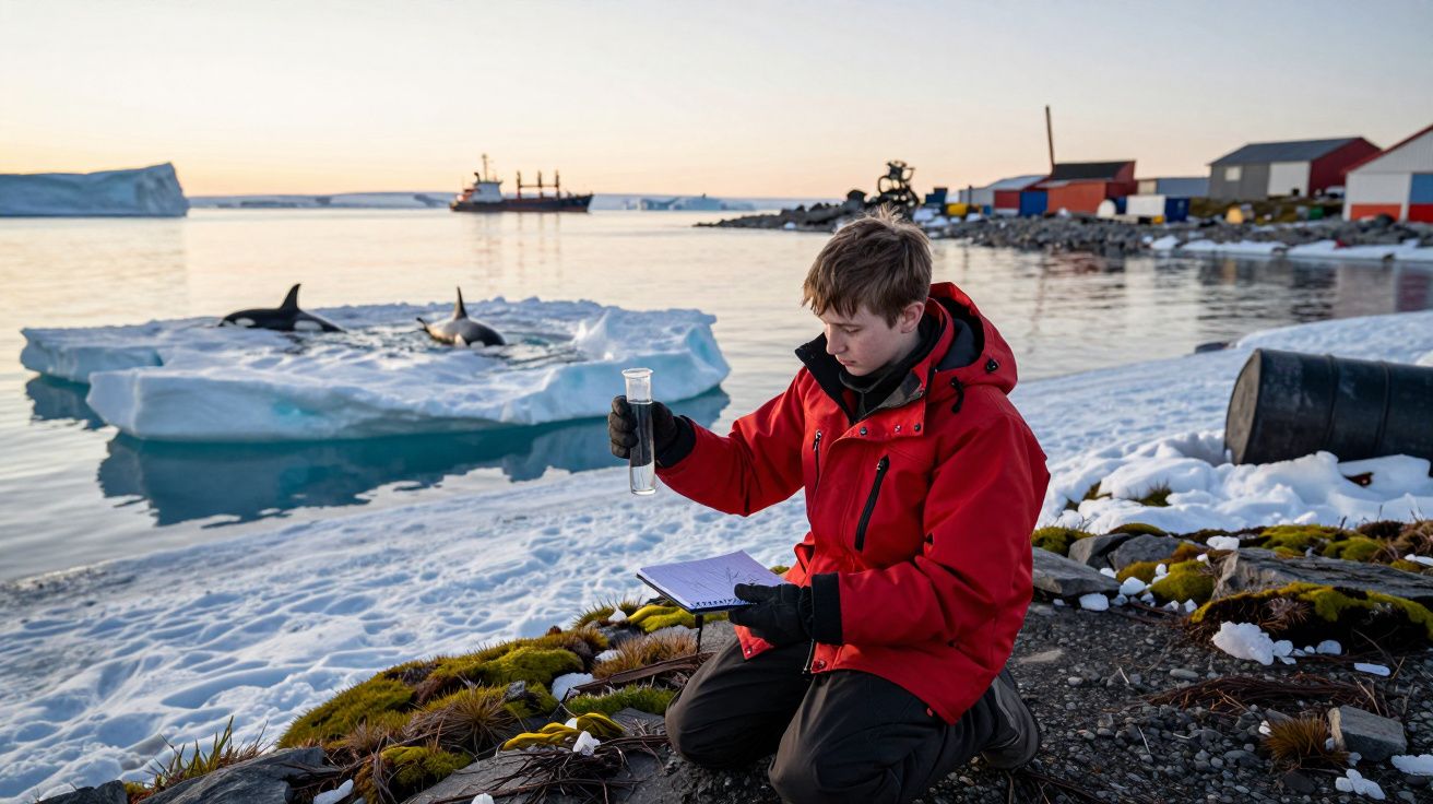 Persona en la nieve tomando notas, con orcas en un iceberg y barcos de fondo en un paisaje costero helado.
