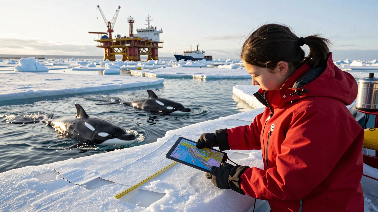 Investigadora con tableta observa orcas en el Ártico, cerca de una plataforma de perforación y un barco en el hielo.