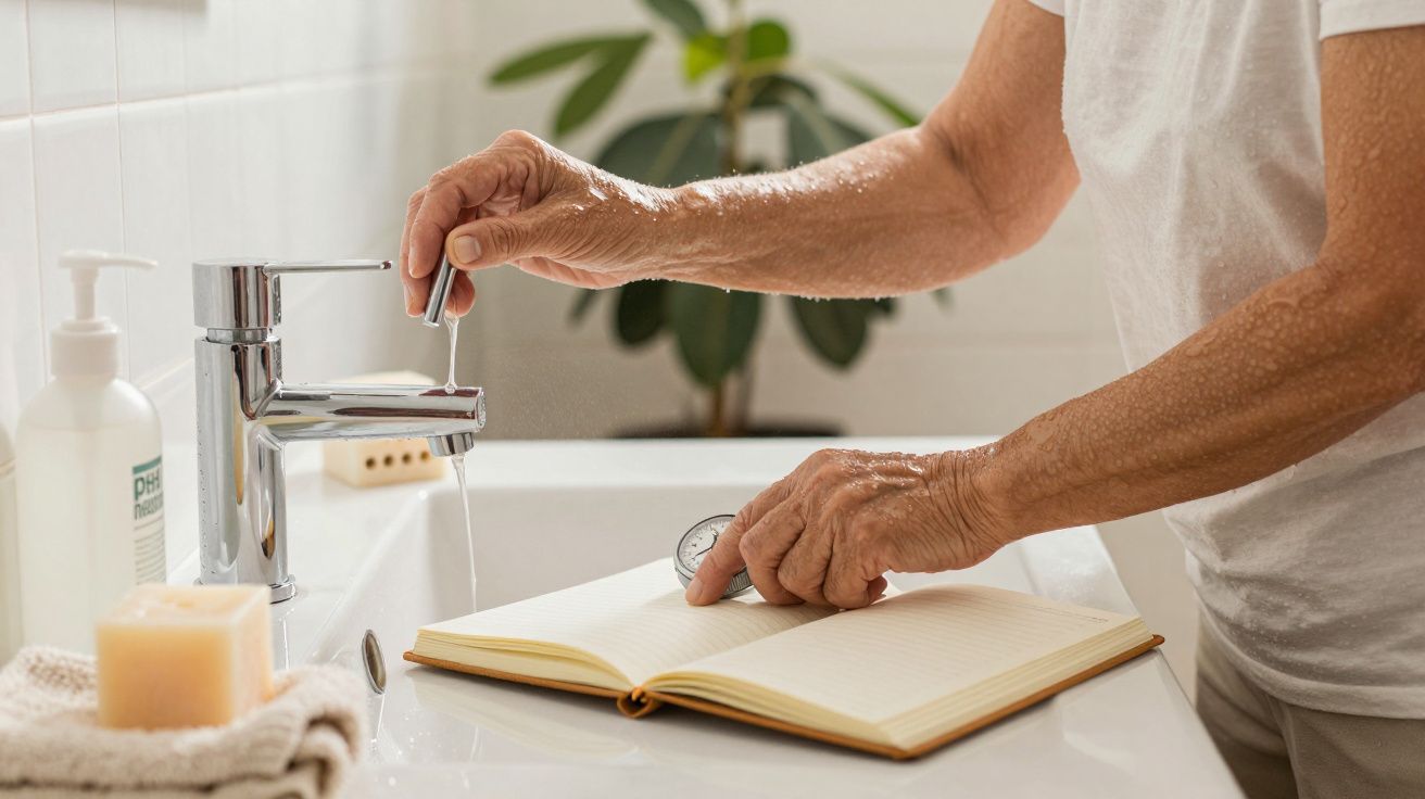 Persona mayor cierra el grifo y mira un libro abierto apoyado en el lavabo del baño.