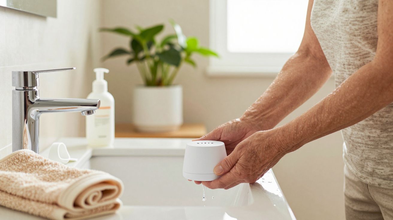 Persona en el lavabo con dispositivo blanco y toalla beige, planta y bote de jabón al fondo.