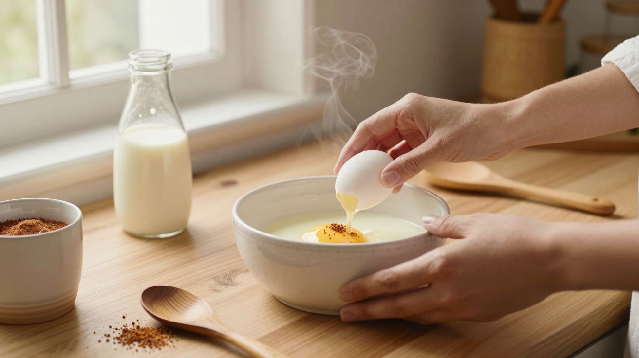 Manos rompiendo un huevo sobre un cuenco en una cocina, con leche y especias cerca.