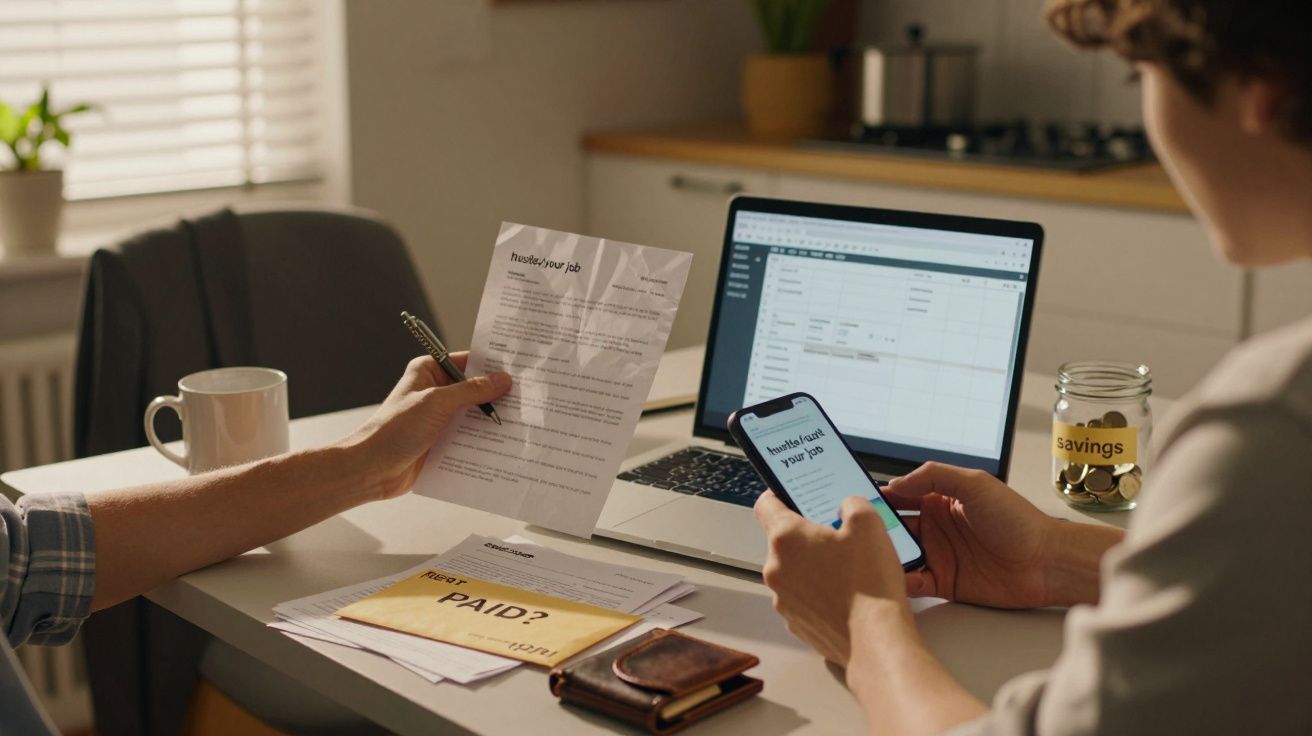 Persona revisando facturas y presupuesto en un portátil y móvil en la cocina, junto a un frasco de ahorros.