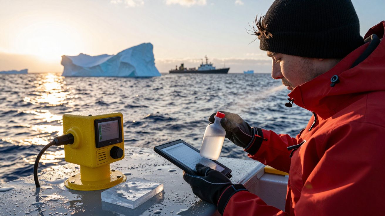 Investigador en el mar polar con iceberg al fondo, usando dispositivo y recogiendo muestra de agua.