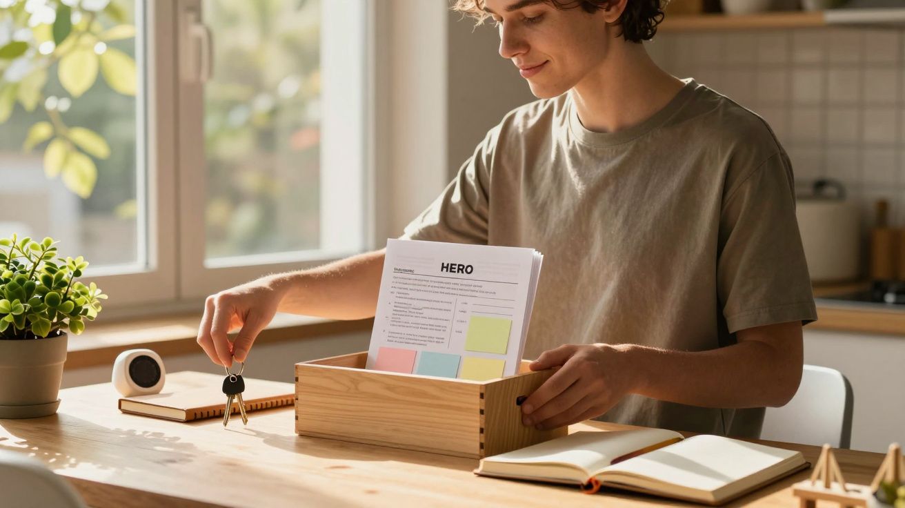 Joven con camiseta gris guarda llave en una caja de madera junto a una planta y papeles en una cocina iluminada por el sol.