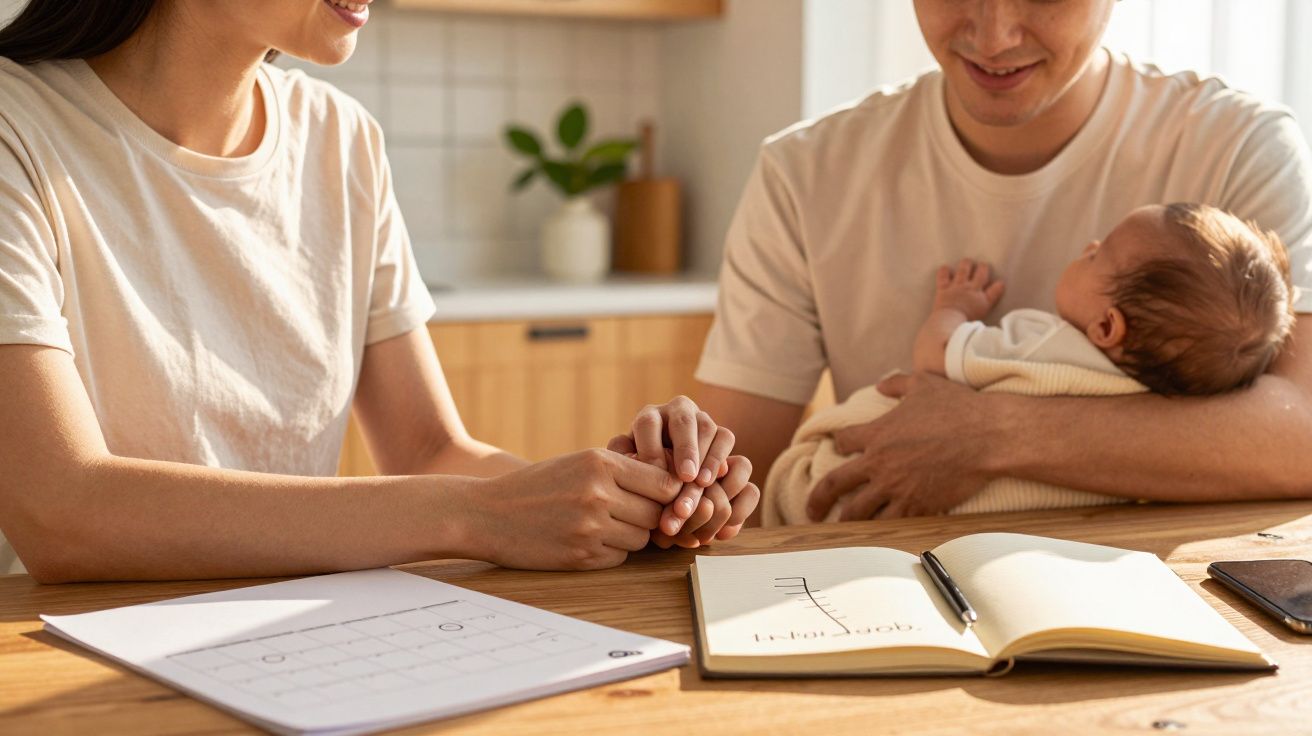 Pareja en la cocina, él sostiene un bebé y ella toma notas en una libreta mientras conversan y se toman de las manos.