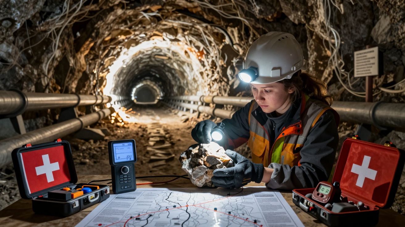 Persona con casco y linterna inspecciona roca en mina subterránea. Equipos médicos y mapa sobre mesa.