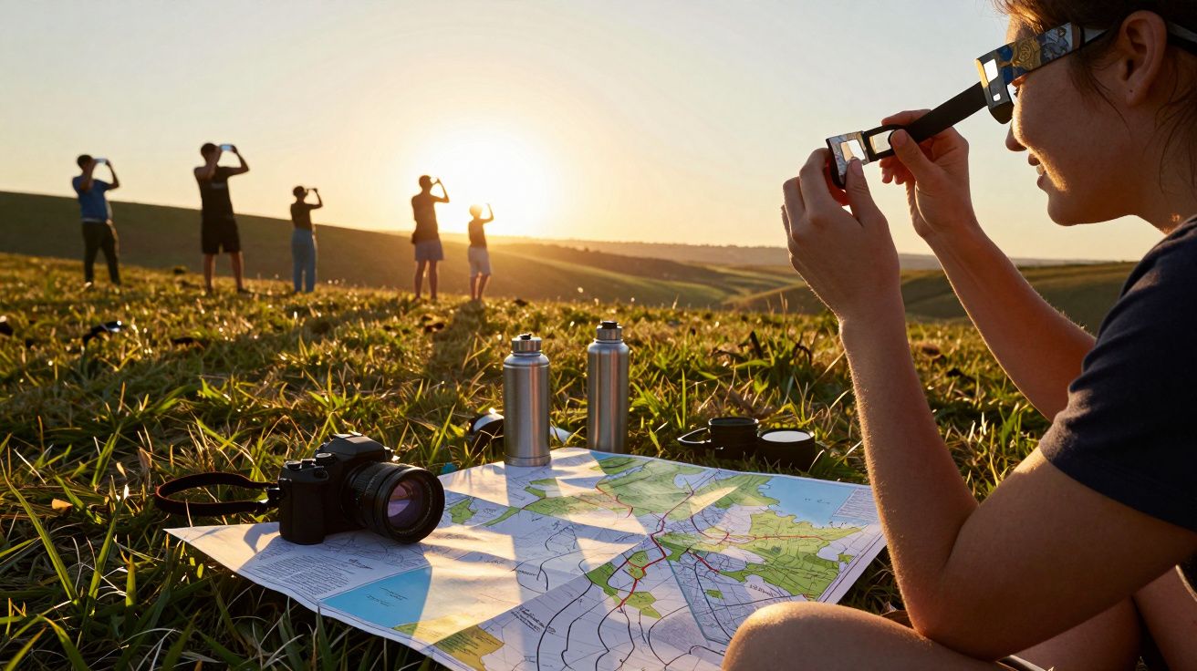 Persona observa atardecer con gafas especiales, mapa y cámara en césped; otras personas miran al cielo al fondo.