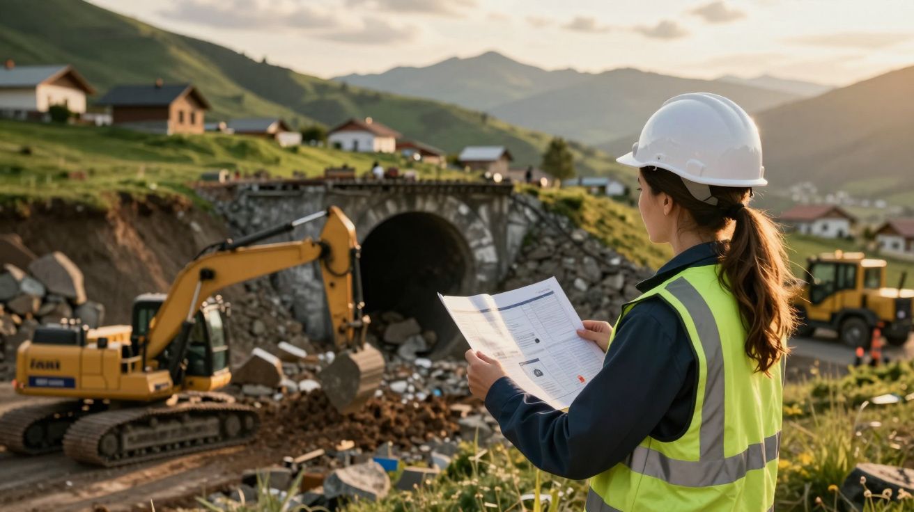 Mujer con casco y chaleco revisa planos frente a obras de construcción de túnel en zona montañosa con maquinaria pesada.