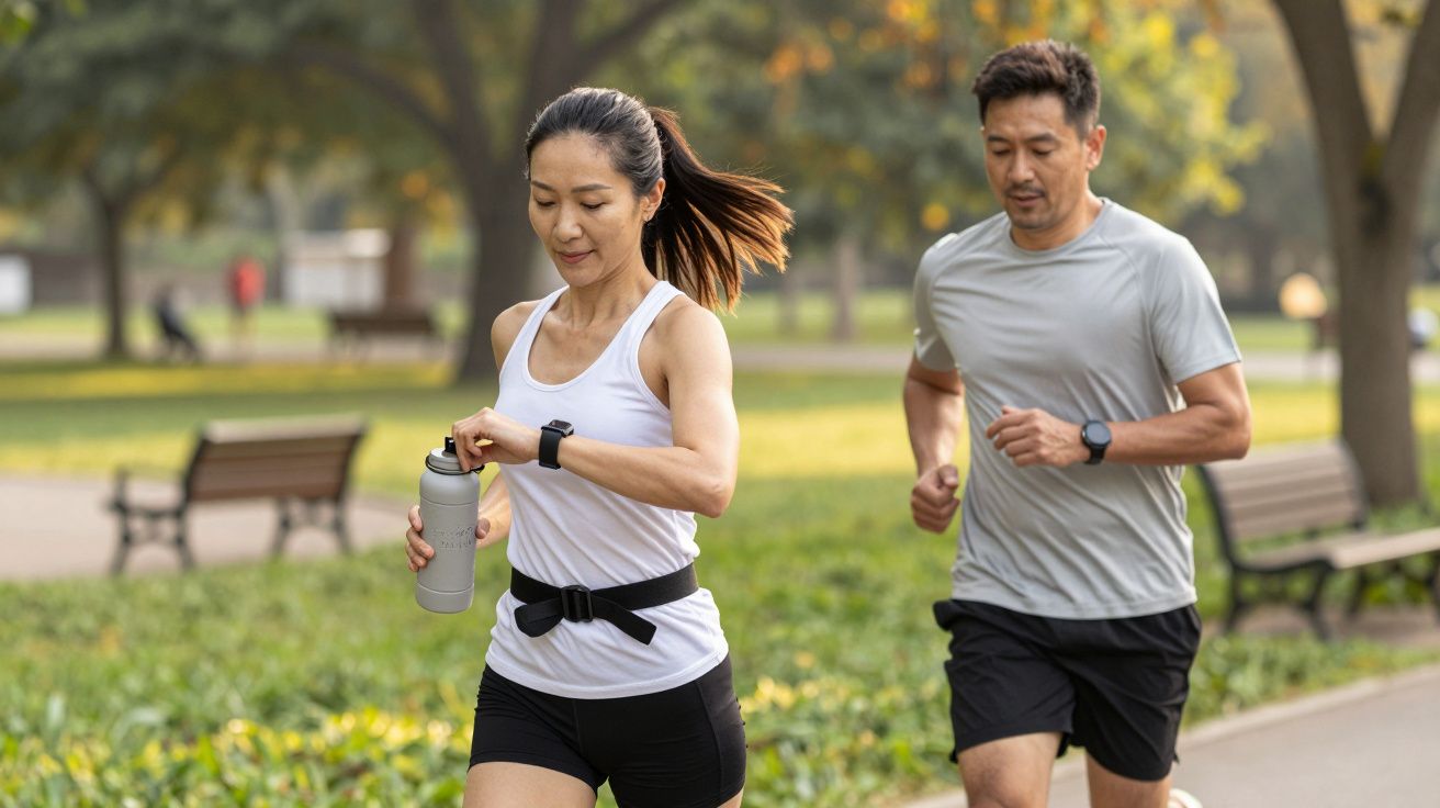 Dos personas corren en un parque; la mujer lleva una botella; ambos visten ropa deportiva.