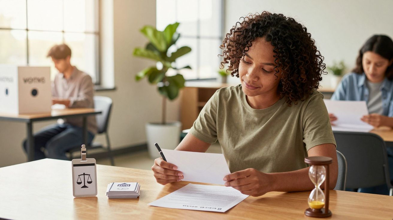 Persona votando en una cabina con urna y papeles sobre la mesa. Al fondo, dos personas más participando.