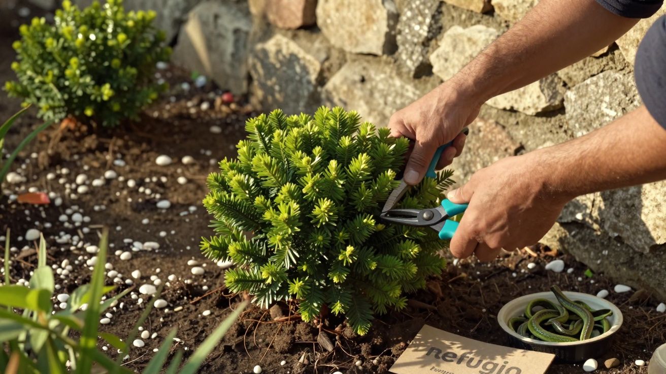Persona recortando un arbusto con tijeras de podar en un jardín cerca de una pared de piedra.
