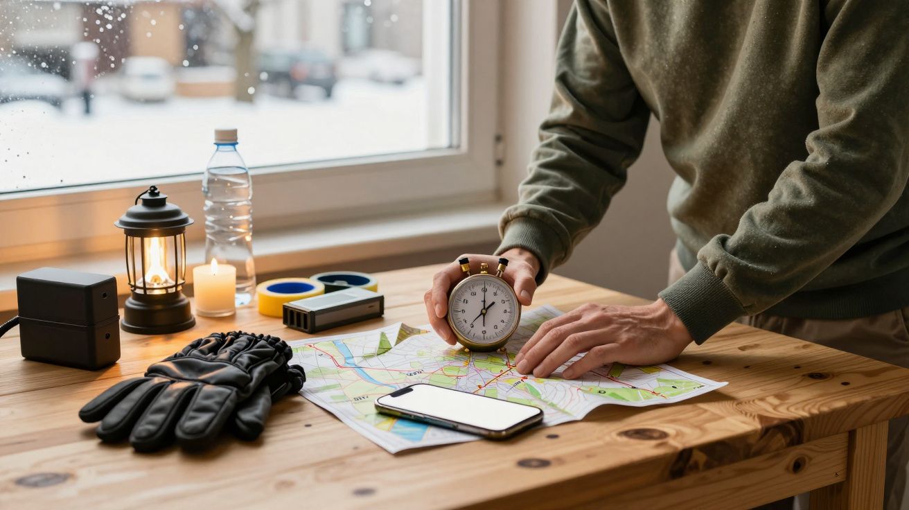 Persona revisando un mapa sobre una mesa con un reloj, guantes, teléfono y vela encendida cerca de una ventana nevada.