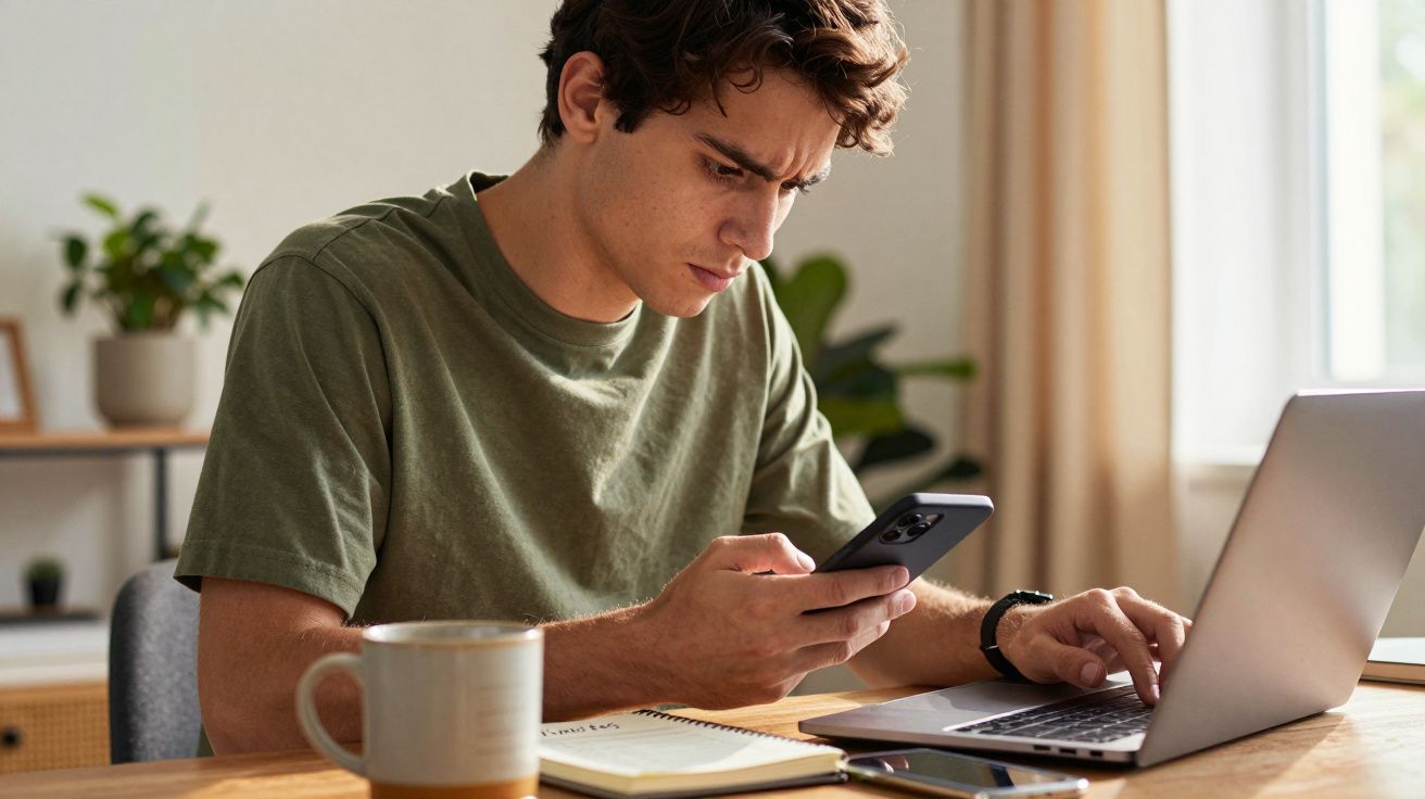 Hombre concentrado usando un portátil y móvil en una mesa, con una taza y una libreta. Iluminado por luz natural.