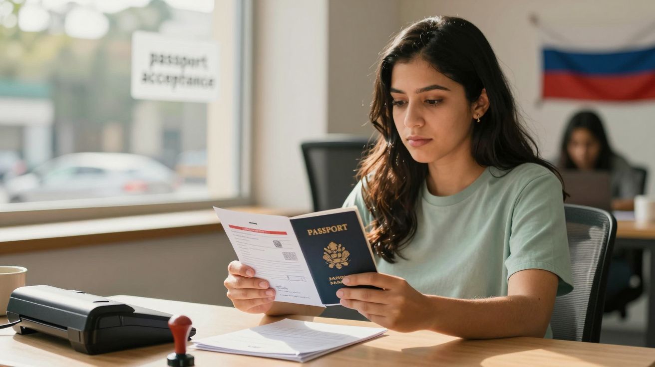 Mujer sentada en una oficina revisando un pasaporte y un documento; bandera rusa al fondo.