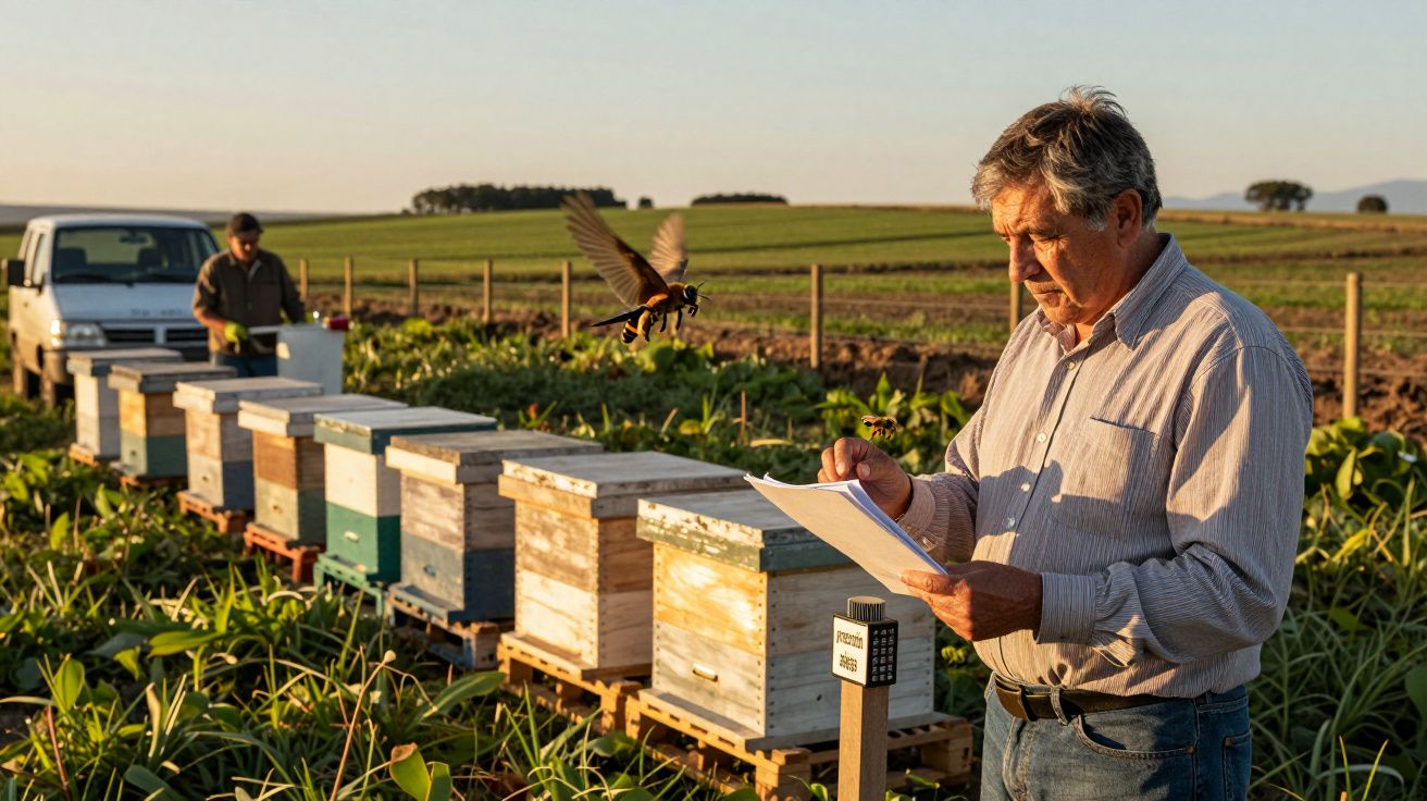 Hombre revisa papeles junto a colmenas en un campo al atardecer, con otro hombre y una furgoneta al fondo.