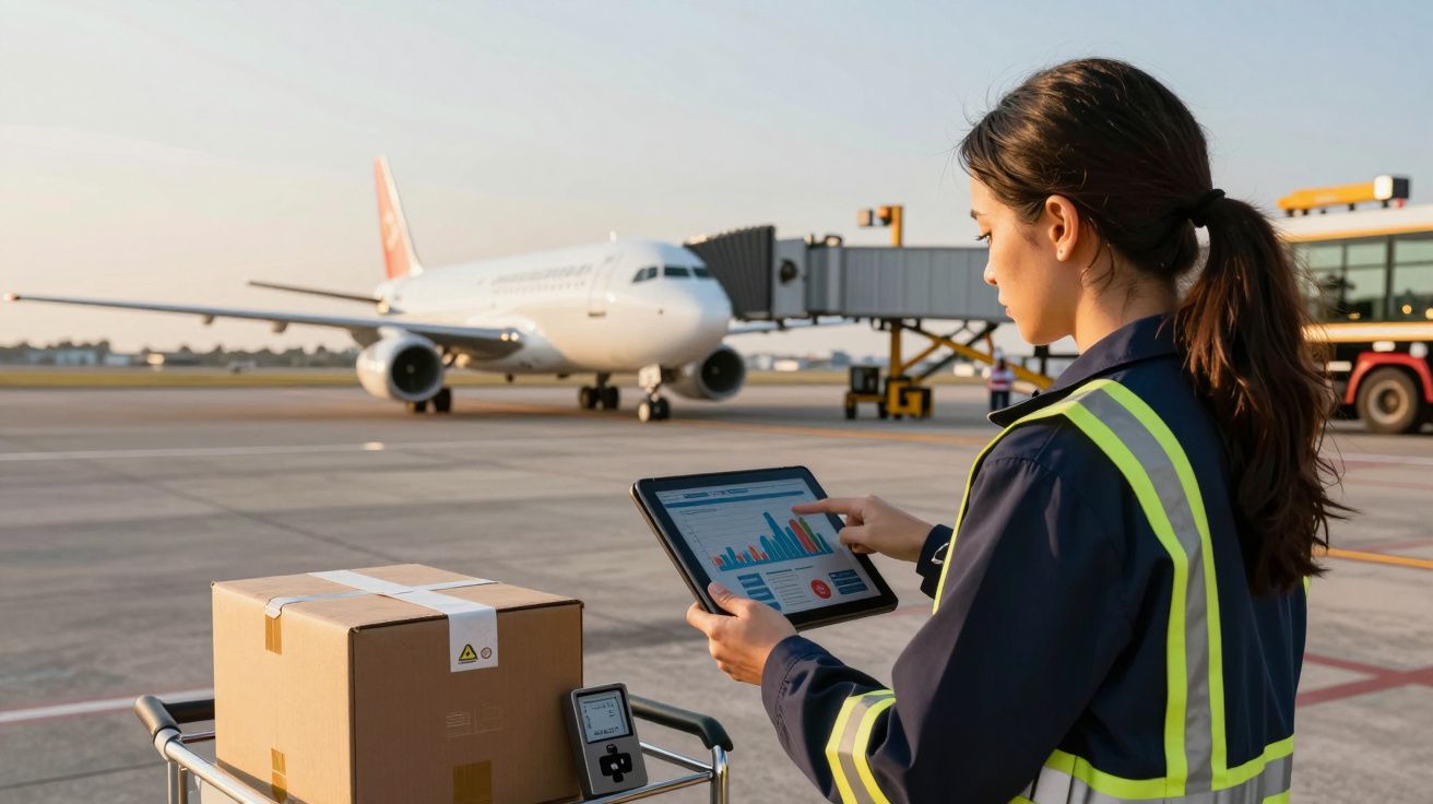 Mujer con chaleco usa tableta frente a un avión en la pista, con caja y gráfico en pantalla.
