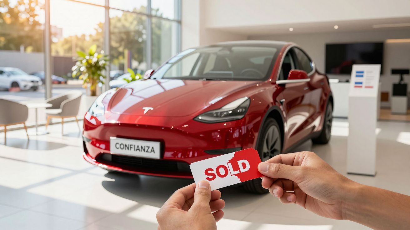 Auto eléctrico rojo vendido en concesionario, etiqueta "SOLD" en primer plano.