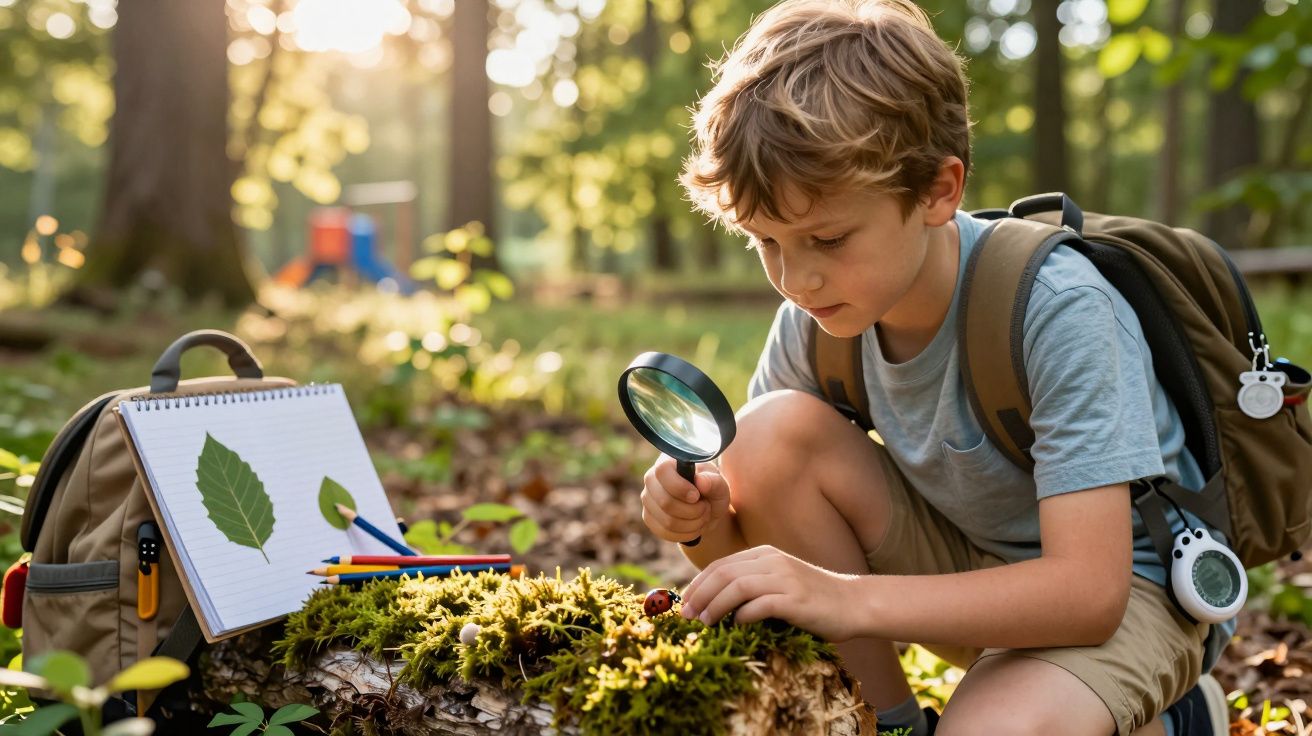 Niño con lupa observando insecto en un tronco musgoso en el bosque. Mochila y cuaderno con hojas a su lado.